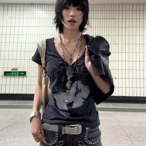 Vintage Portrait Print Shoulder T-Shirt for Women - Short Sleeve Slim Fit Summer Top in American Style