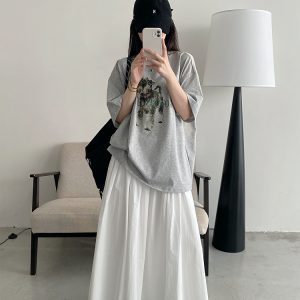 Vintage Printed Short Sleeve T-Shirt for Women - Summer Loose Cartoon Top in Sun Grapefruit Careless Snow Design