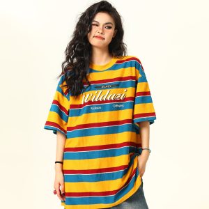 Vintage Rainbow Striped Short Sleeve T-Shirt for Women - Color Block Loose Fit Summer Top, 90s Inspired Fashion