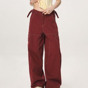 Vintage Red Casual Work Pants for Men and Women - Unisex Loose Straight Leg Design with Slightly Flared Style