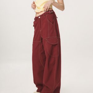 Vintage Red Casual Work Pants for Men and Women - Unisex Loose Straight Leg Design with Slightly Flared Style