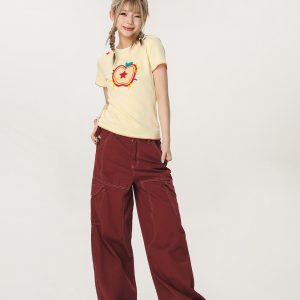 Vintage Red Casual Work Pants for Men and Women - Unisex Loose Straight Leg Design with Slightly Flared Style