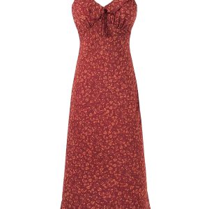 Vintage Red Floral Elegant V-Neck Long Dress for Women - French Style Holiday Dress 2025 Summer Fashion