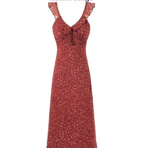 Vintage Red Floral Elegant V-Neck Long Dress for Women - French Style Holiday Dress 2025 Summer Fashion