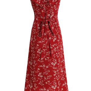 Vintage Red Floral V-Neck Ruffle Hem Summer Sling Dress for Women - 2025 Trendy Fashion Inspired by 90s and Y2K Styles