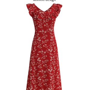 Vintage Red Floral V-Neck Ruffle Hem Summer Sling Dress for Women - 2025 Trendy Fashion Inspired by 90s and Y2K Styles