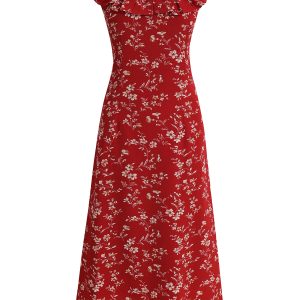 Vintage Red Floral V-Neck Ruffle Hem Summer Sling Dress for Women - 2025 Trendy Fashion Inspired by 90s and Y2K Styles
