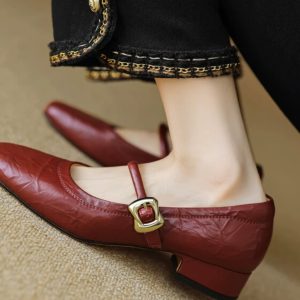 Vintage Red Mary Jane Shoes for Women - Chunky Heels, Genuine Leather, Square Toe, Open Toe Strap - 90s Y2K Style