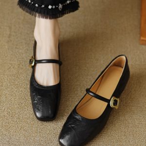 Vintage Red Mary Jane Shoes for Women - Chunky Heels, Genuine Leather, Square Toe, Open Toe Strap - 90s Y2K Style