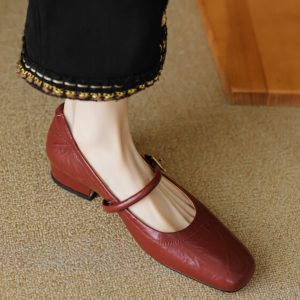 Vintage Red Mary Jane Shoes for Women - Chunky Heels, Genuine Leather, Square Toe, Open Toe Strap - 90s Y2K Style