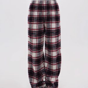 Vintage Red Plaid Low Waist Pure Cotton Brushed Floor-Length Lounge Pants - 90s Inspired Comfortable Style