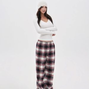 Vintage Red Plaid Low Waist Pure Cotton Brushed Floor-Length Lounge Pants - 90s Inspired Comfortable Style