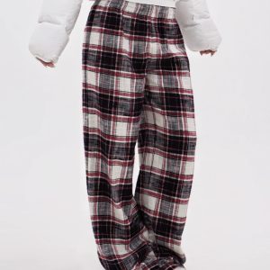 Vintage Red Plaid Low Waist Pure Cotton Brushed Floor-Length Lounge Pants - 90s Inspired Comfortable Style