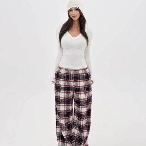 Vintage Red Plaid Low Waist Pure Cotton Brushed Floor-Length Lounge Pants - 90s Inspired Comfortable Style