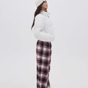Vintage Red Plaid Low Waist Pure Cotton Brushed Floor-Length Lounge Pants - 90s Inspired Comfortable Style