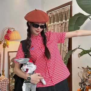 Vintage Red Plaid Short Sleeve Shirt with Lapel - Summer Slim Fit Casual Versatile Top for 90s Inspired Style