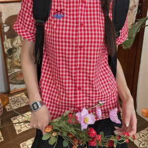 Vintage Red Plaid Short Sleeve Shirt with Lapel - Summer Slim Fit Casual Versatile Top for 90s Inspired Style