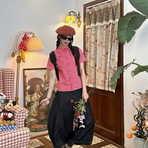 Vintage Red Plaid Short Sleeve Shirt with Lapel - Summer Slim Fit Casual Versatile Top for 90s Inspired Style