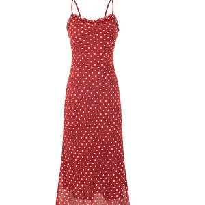 Vintage Red Polka Dot Long Strap Dress for Women - French Style Summer 2025 Fashion, Perfect for 90s and Y2K Inspired Looks