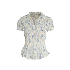 Vintage Retro Butterfly Floral Short Sleeve Shirt for Women - Summer Loose Fit Waist-Drawstring Collared Top, Y2K Style