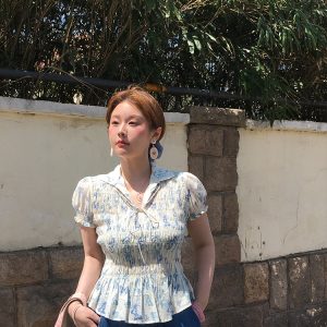 Vintage Retro Butterfly Floral Short Sleeve Shirt for Women - Summer Loose Fit Waist-Drawstring Collared Top, Y2K Style