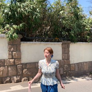 Vintage Retro Butterfly Floral Short Sleeve Shirt for Women - Summer Loose Fit Waist-Drawstring Collared Top, Y2K Style