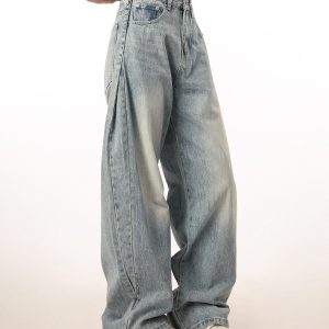 Vintage Retro Distressed Denim Pants for Men and Women - Loose Straight Leg Floor-Length Wide-Leg Style, Casual 90s Fashion
