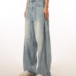 Vintage Retro Distressed Denim Pants for Men and Women - Loose Straight Leg Floor-Length Wide-Leg Style, Casual 90s Fashion