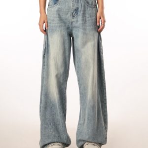 Vintage Retro Distressed Denim Pants for Men and Women - Loose Straight Leg Floor-Length Wide-Leg Style, Casual 90s Fashion