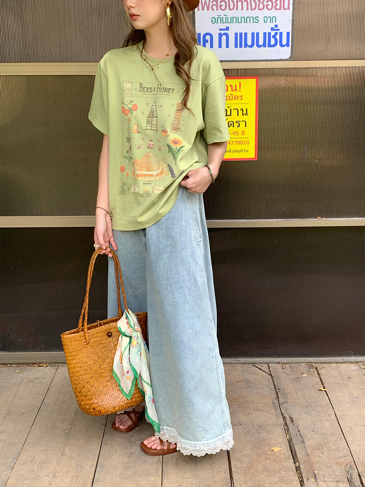 Vintage Retro Lace Trim High-Waisted Denim Pants for Women - Summer Loose Wide-Leg Trousers, 90s Inspired Fashion Vintage Retro Lace Trim High-Waisted Denim Pants for Women - Summer Loose Wide-Leg Trousers, 90s Inspired Fashion