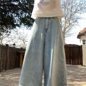 Vintage Retro Lace Trim High-Waisted Denim Pants for Women - Summer Loose Wide-Leg Trousers, 90s Inspired Fashion