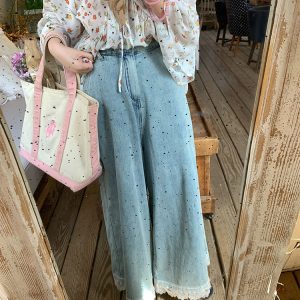 Vintage Retro Lace Trim High-Waisted Denim Pants for Women - Summer Loose Wide-Leg Trousers, 90s Inspired Fashion