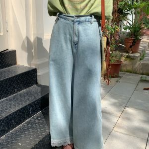 Vintage Retro Lace Trim High-Waisted Denim Pants for Women - Summer Loose Wide-Leg Trousers, 90s Inspired Fashion