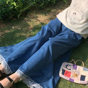 Vintage Retro Lace Trim High-Waisted Denim Pants for Women - Summer Loose Wide-Leg Trousers, 90s Inspired Fashion