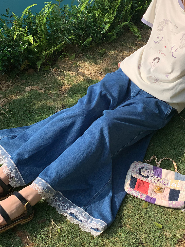 Vintage Retro Lace Trim High-Waisted Denim Pants for Women - Summer Loose Wide-Leg Trousers, 90s Inspired Fashion Vintage Retro Lace Trim High-Waisted Denim Pants for Women - Summer Loose Wide-Leg Trousers, 90s Inspired Fashion