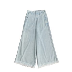 Vintage Retro Lace Trim High-Waisted Denim Pants for Women - Summer Loose Wide-Leg Trousers, 90s Inspired Fashion