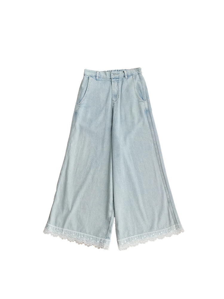 Vintage Retro Lace Trim High-Waisted Denim Pants for Women - Summer Loose Wide-Leg Trousers, 90s Inspired Fashion Vintage Retro Lace Trim High-Waisted Denim Pants for Women - Summer Loose Wide-Leg Trousers, 90s Inspired Fashion