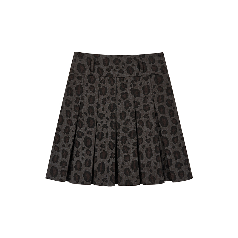 Vintage Retro Leopard Print A-Line Skirt - Low Waist Dark Gray Pleated Long Skirt for Spring and Autumn Fashion Trends