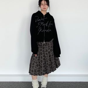 Vintage Retro Leopard Print A-Line Skirt - Low Waist Dark Gray Pleated Long Skirt for Spring and Autumn Fashion Trends