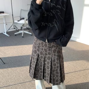 Vintage Retro Leopard Print A-Line Skirt - Low Waist Dark Gray Pleated Long Skirt for Spring and Autumn Fashion Trends