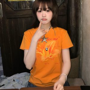 Vintage Retro Lily Print Dopamine Orange T-Shirt for Women - Summer Casual Top, Round Neck, Short Sleeves, Y2K Style