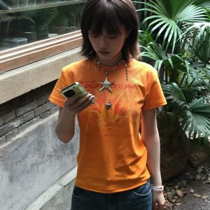 Vintage Retro Lily Print Dopamine Orange T-Shirt for Women - Summer Casual Top, Round Neck, Short Sleeves, Y2K Style