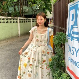 Vintage Retro Linen Short Sleeve Square Neck Dress - Women's Summer High Waist Flared Skirt, 90s Y2K Style