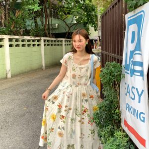 Vintage Retro Linen Short Sleeve Square Neck Dress - Women's Summer High Waist Flared Skirt, 90s Y2K Style