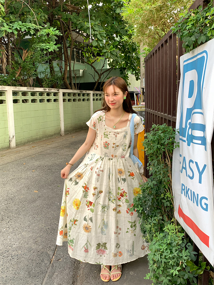 Vintage Retro Linen Short Sleeve Square Neck Dress - Women's Summer High Waist Flared Skirt, 90s Y2K Style Vintage Retro Linen Short Sleeve Square Neck Dress - Women's Summer High Waist Flared Skirt, 90s Y2K Style