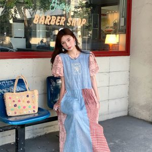 Vintage Retro Patchwork Short Sleeve Dress for Women - Summer Embroidered Puff Sleeve Long Dress in 90s Inspired Style