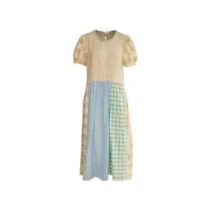 Vintage Retro Patchwork Short Sleeve Dress for Women - Summer Embroidered Puff Sleeve Long Dress in 90s Inspired Style
