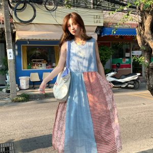 Vintage Retro Patchwork Short Sleeve Dress for Women - Summer Embroidered Puff Sleeve Long Dress in 90s Inspired Style