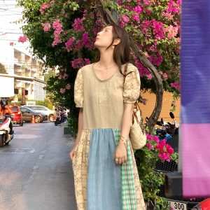 Vintage Retro Patchwork Short Sleeve Dress for Women - Summer Embroidered Puff Sleeve Long Dress in 90s Inspired Style