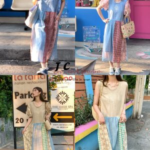 Vintage Retro Patchwork Short Sleeve Dress for Women - Summer Embroidered Puff Sleeve Long Dress in 90s Inspired Style